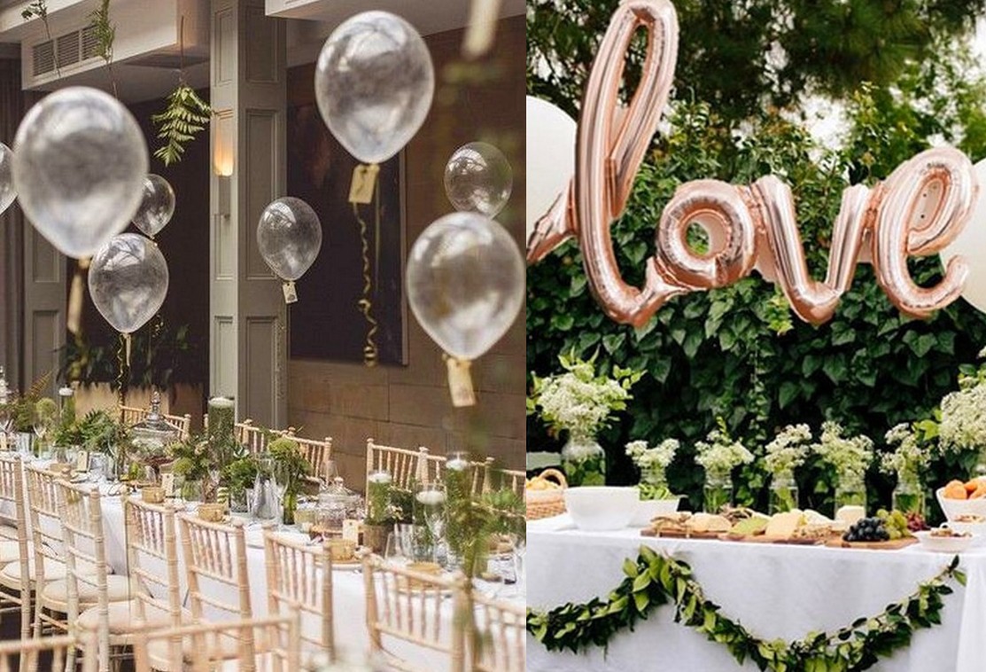 Eleganckie girlandy z balonów helowych nad stołami weselnymi